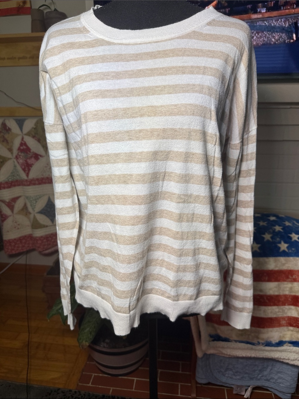 J. Crew Beige and White Striped Crewneck Sweater